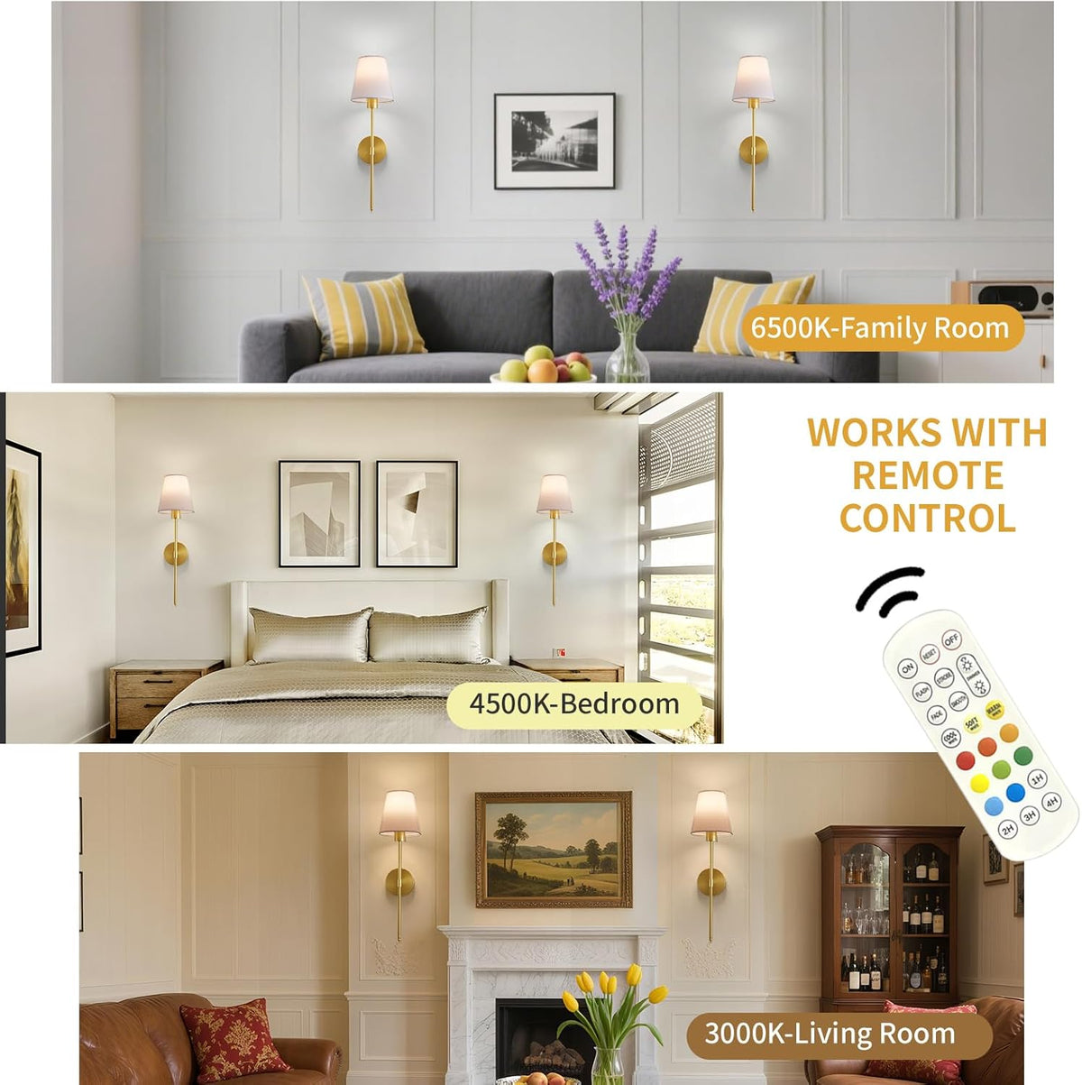 Battery Operated Wall Sconce Set of 2, Gold Rechargeable Wireless Wall Lights with Remote - Dimmable RGB LED Bulbs, 13