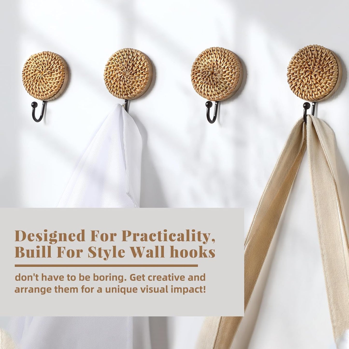 Boho Rattan Wall Towel Hooks Decorative Woven Hanging Holder Farmhouse Coat Rack / Round / Set of 4