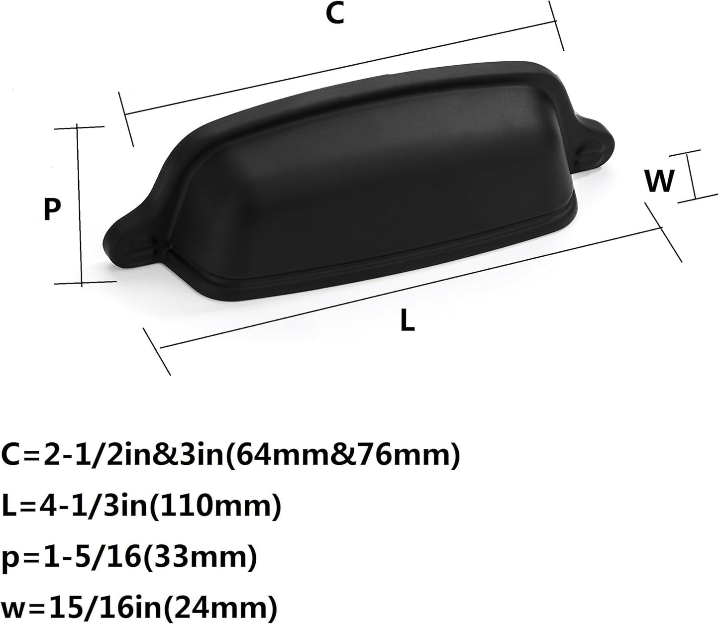 Zinc Alloy Vintage Cup Pulls / Cup Pulls 3 Inch Hole Center / Matte Black / 3 Inch / Set of 10