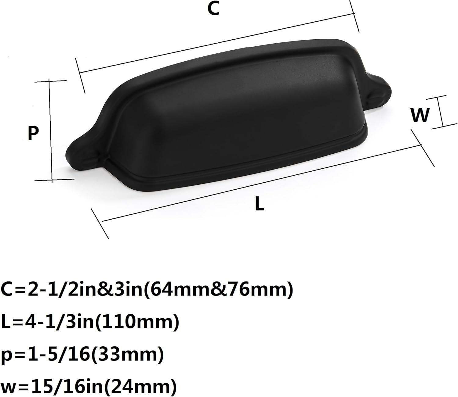 Zinc Alloy Vintage Cup Pulls / Cup Pulls 3 Inch Hole Center / Matte Black / 3 Inch / Set of 10