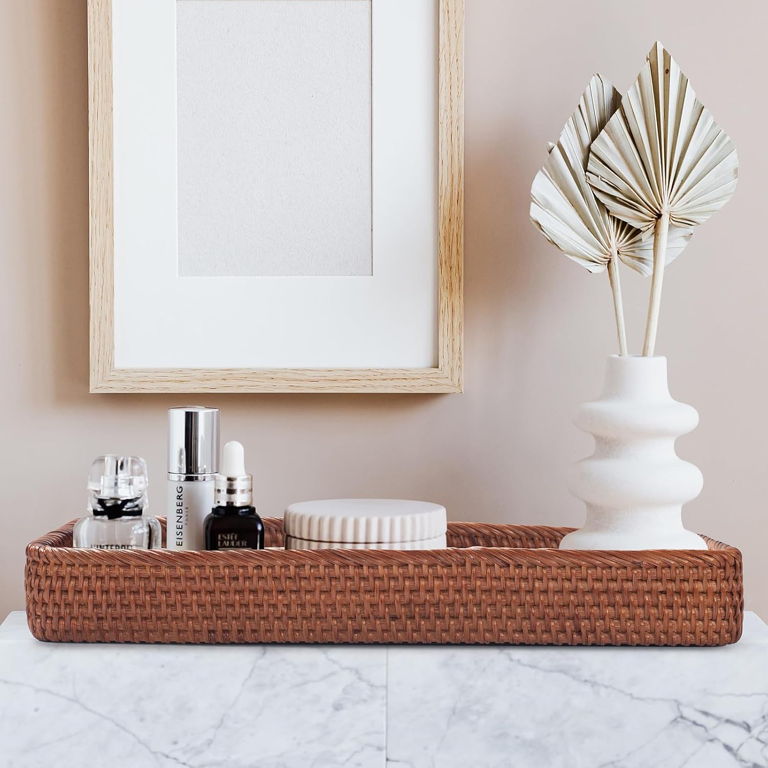 Rattan Bathroom Vanity Trays Toilet Tank Baskets Long Narrow Hand / Honey Brown / 16.3 x 6.1 x 2