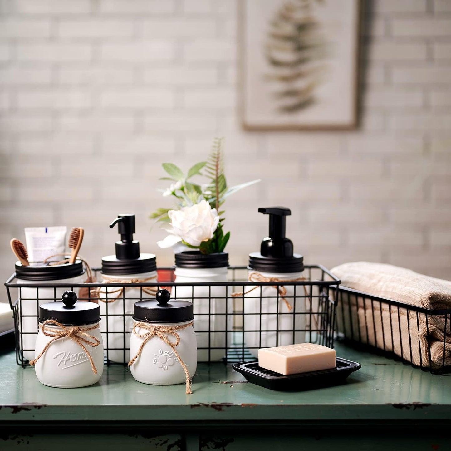 SheeChung Mason Jar Bathroom Accessories Set,6Pcs Rustic Bathroom Set,White | Glass Bathroom Accessory Set, Soap