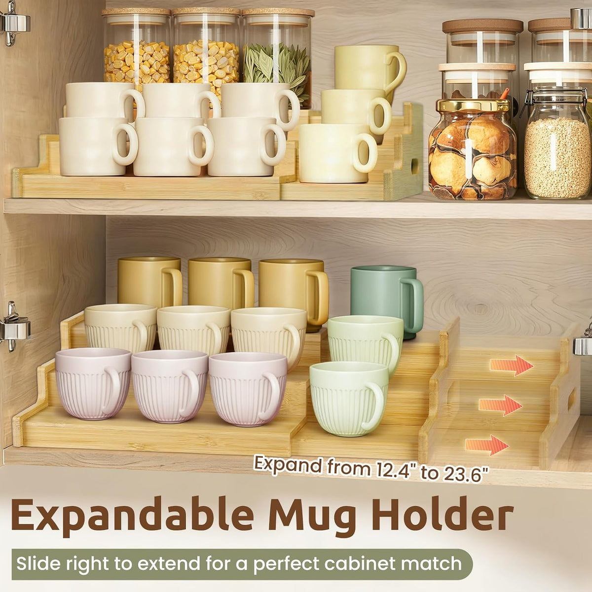 3-Tier Expandable Bamboo Mug Holder for Countertop Coffee Cup Holder Display Mug Organizer Mug Rack for Coffee Bar