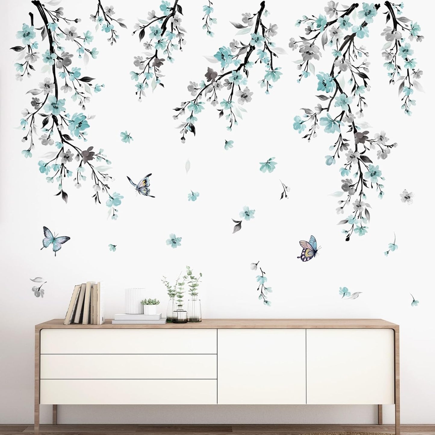 Watercolor Flower Vine Wall Stickers Hanging Floral Tree Branch Wall Art Decals / Blue