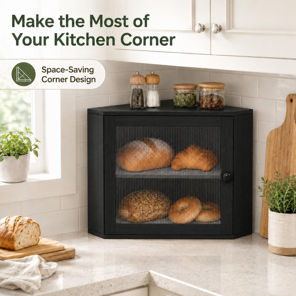 BAMBANG Corner Bread Box for Kitchen Countertop, Large Capacity Bamboo Wood Bread Storage Container, 2 Tier Farmhouse