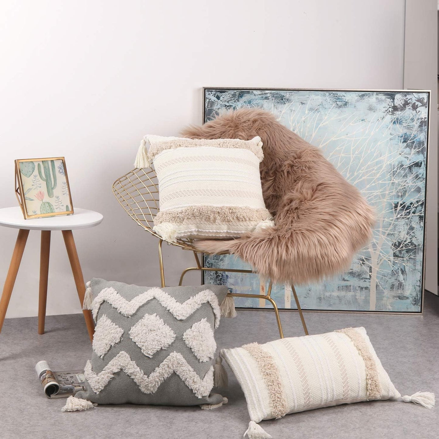 Lumbar Decorative Boho Throw Pillow Cover / 20 x 12 / Neutral / Cream