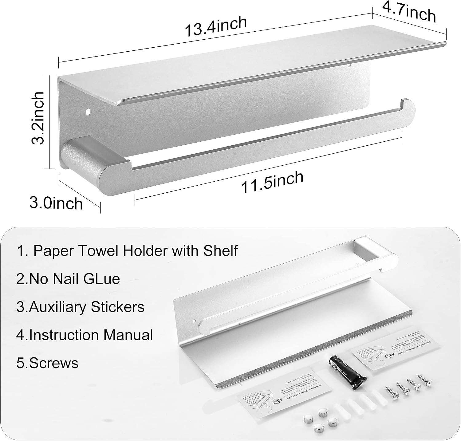 DUFU Paper Towel Holder Wall Mount for Kitchen, Silver | Self-Adhesive,Paper Towel Holder With Shelf for Bathroom