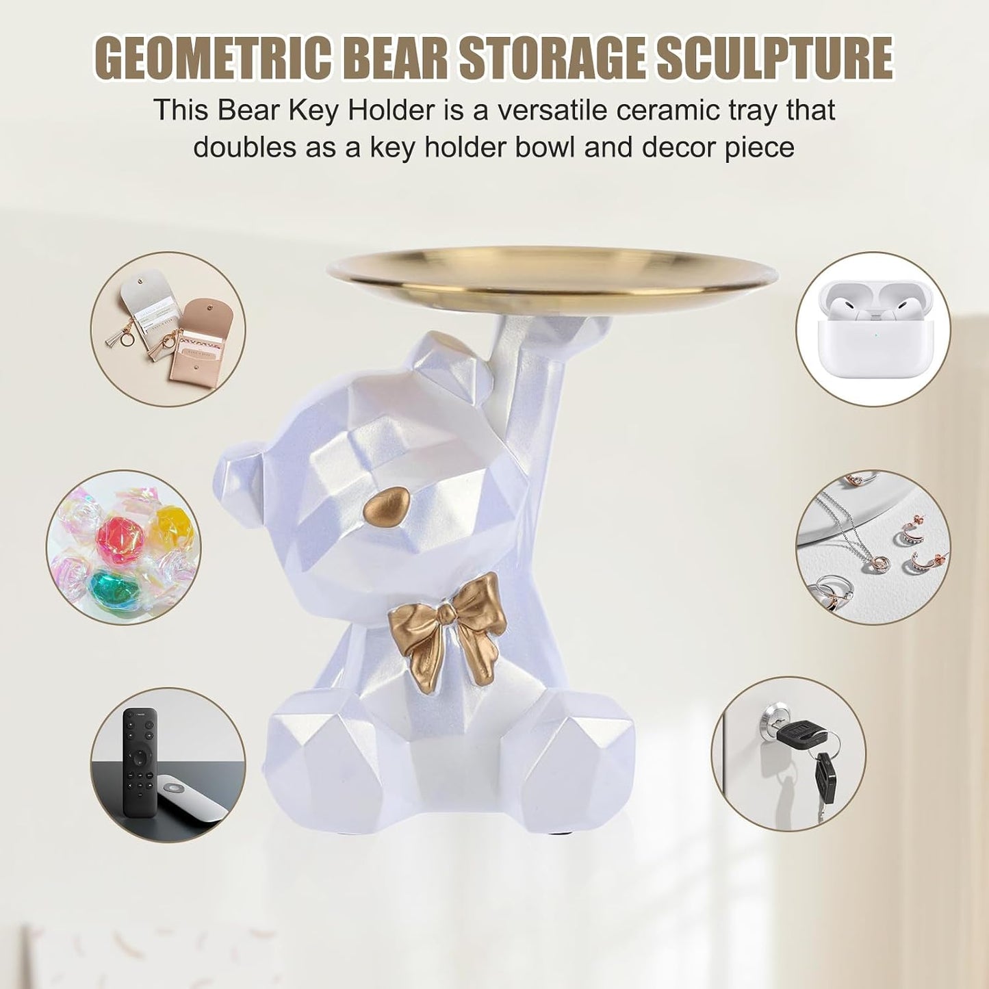 2025 New Geometric Bear Storage Tray Resin Lovely Nordic Bear Sculptures Keys / Shiny Style-white