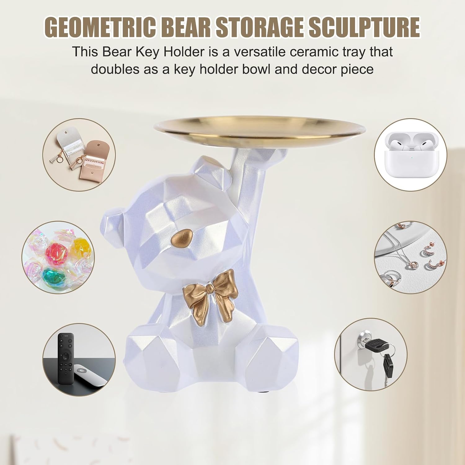 2025 New Geometric Bear Storage Tray Resin Lovely Nordic Bear Sculptures Keys / Shiny Style-white