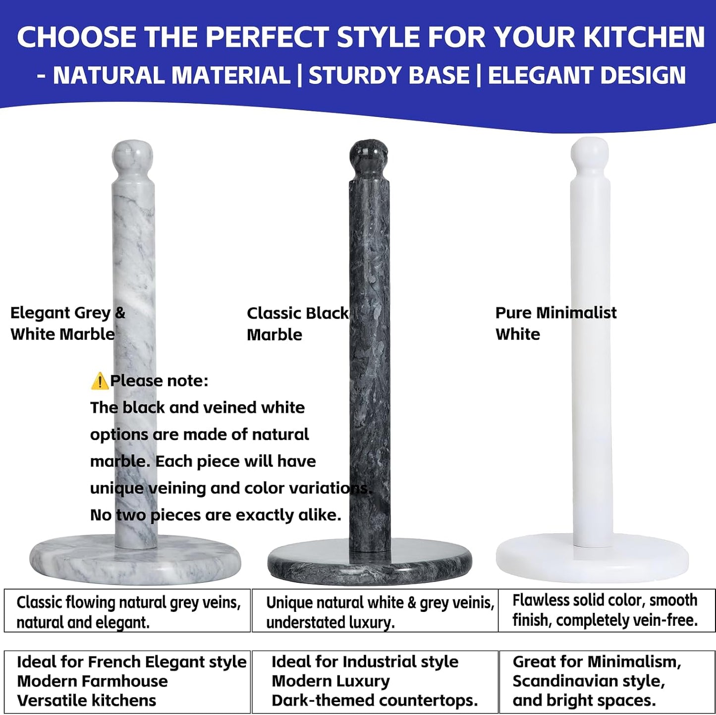 Natural Marble Paper Towel Holder for Kitchen Countertop - 2.6 lbs Heavy Duty Weighted Base for One-Handed Tearing