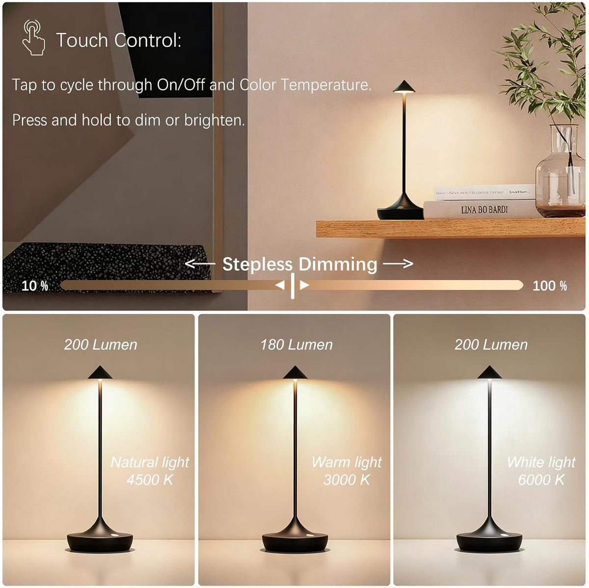 2-Pack Cordless Rechargeable LED Table Lamp (Black) | 6000mAh Battery, 3-Color Stepless Dimming, IP54 Waterproof &