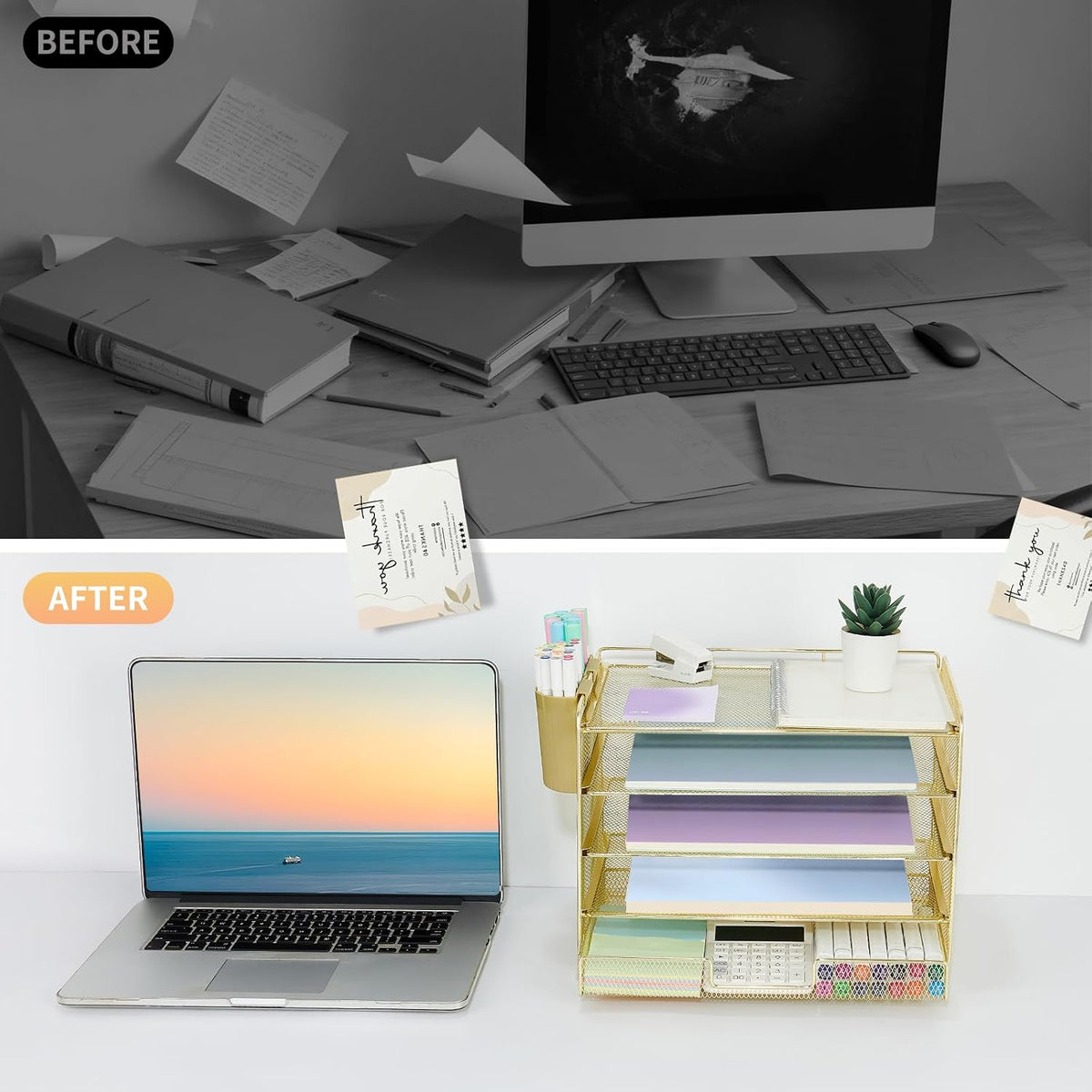 LEKETREE Desk Organizers and Accessories, 5-Tier Paper Letter Tray Organizer with Drawer & 2 Pen Holders, Desktop