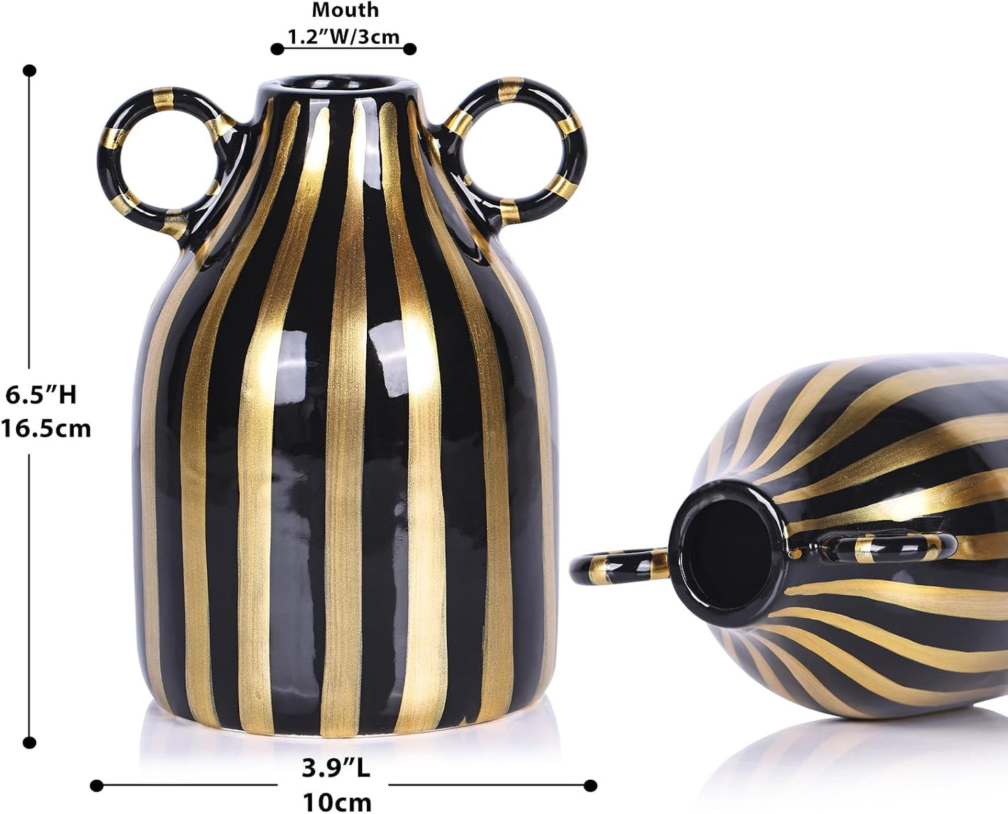 Ceramic Black and Gold Hand-Painted Striped Decorative Vase for Modern Bohemian Pampas / Black Gold