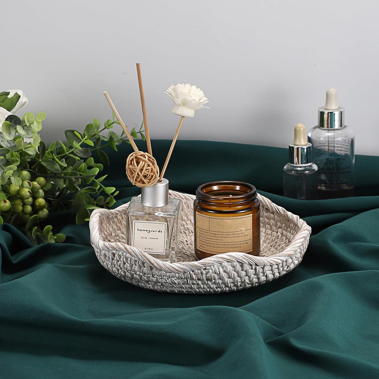 Handwoven Rattan Basket Tray Decorative Key Tray for Entryway Table Handwoven / 7.9 Inch / Whitewash