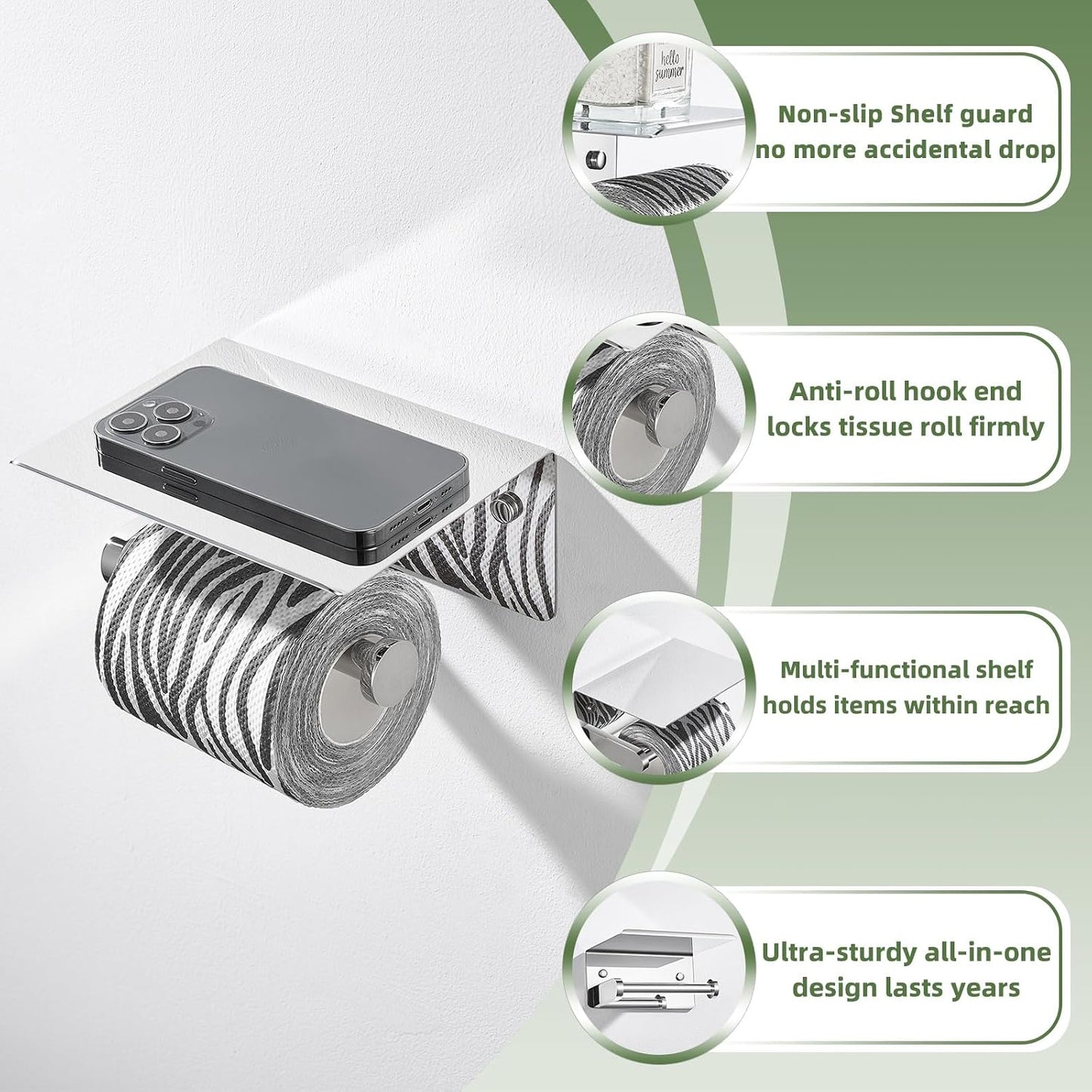 APLusee Polished Chrome Toilet Paper Holder with Phone Shelf, Wall Mounted | Sturdy 304 Stainless Steel, Fits Bathroom