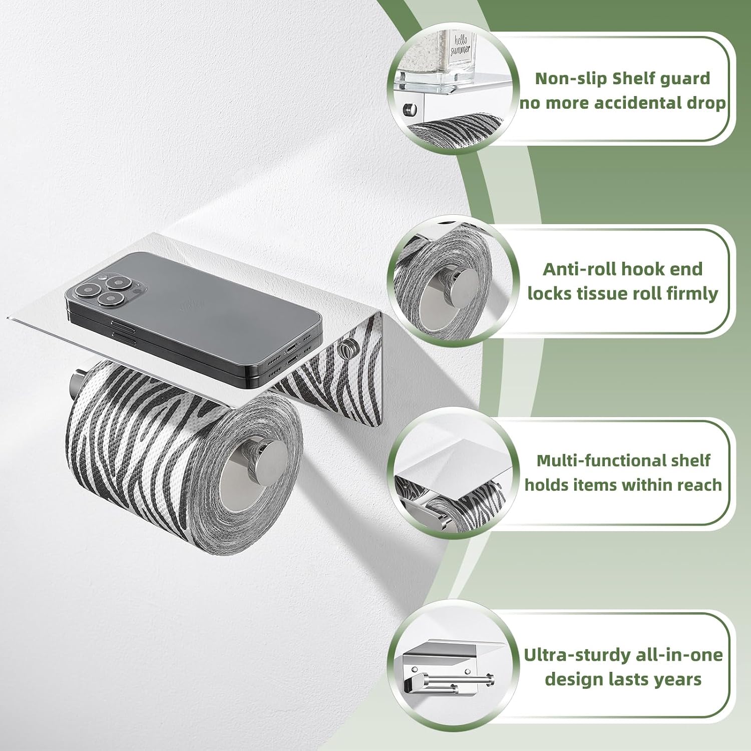 APLusee Polished Chrome Toilet Paper Holder with Phone Shelf, Wall Mounted | Sturdy 304 Stainless Steel, Fits Bathroom
