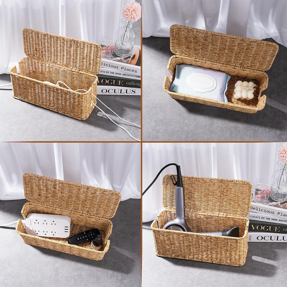 Handmade Rattan Cable Organizer / Natural / Rectangle