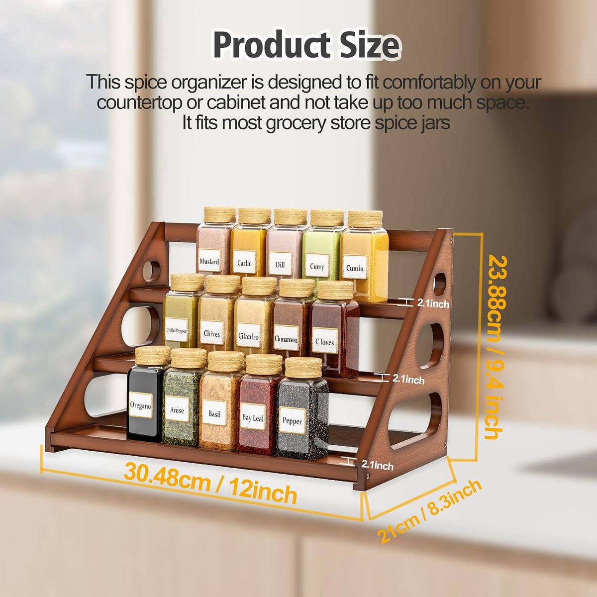 Spice Rack - Tiered Spice Rack Organization for Cabinet - 3 Tier Bamboo Display Spice Shelf for Countertop