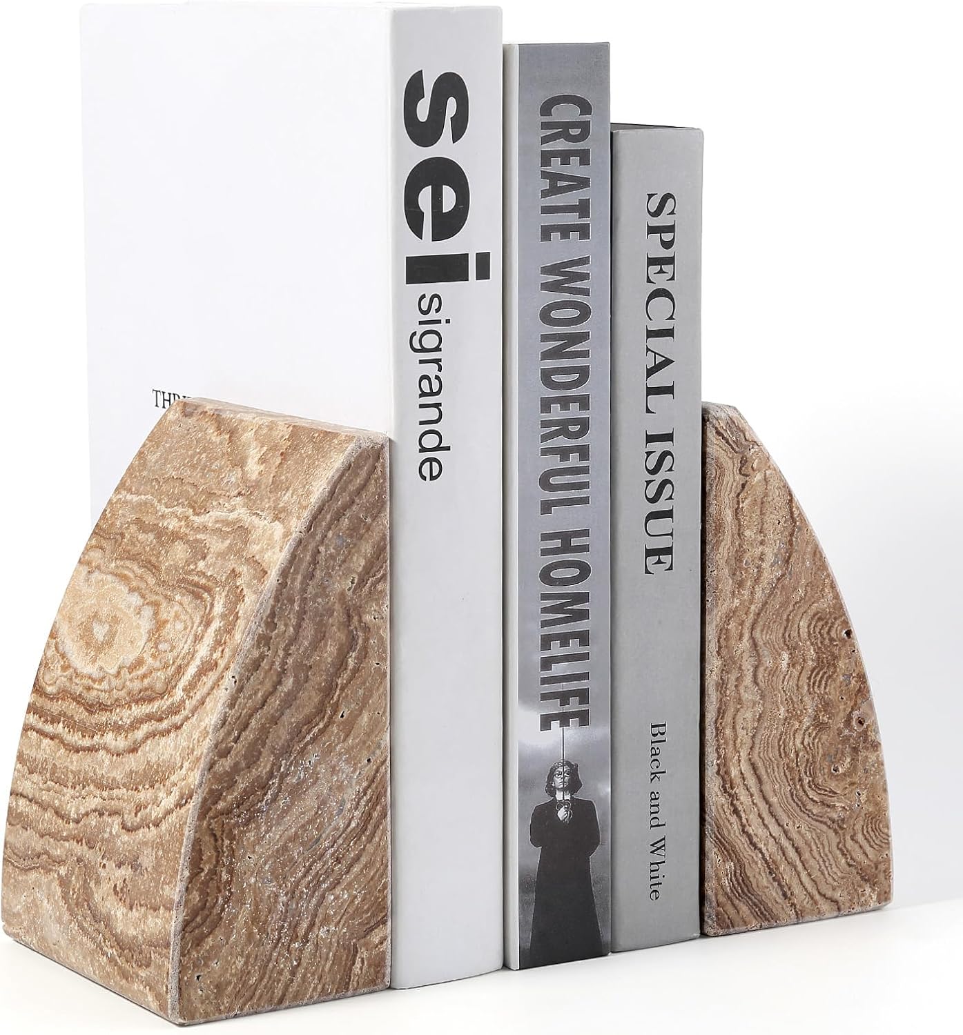 Travertine Bookends / Non-Slip Heavy Duty Book Stopper / Sail-brown Travertine