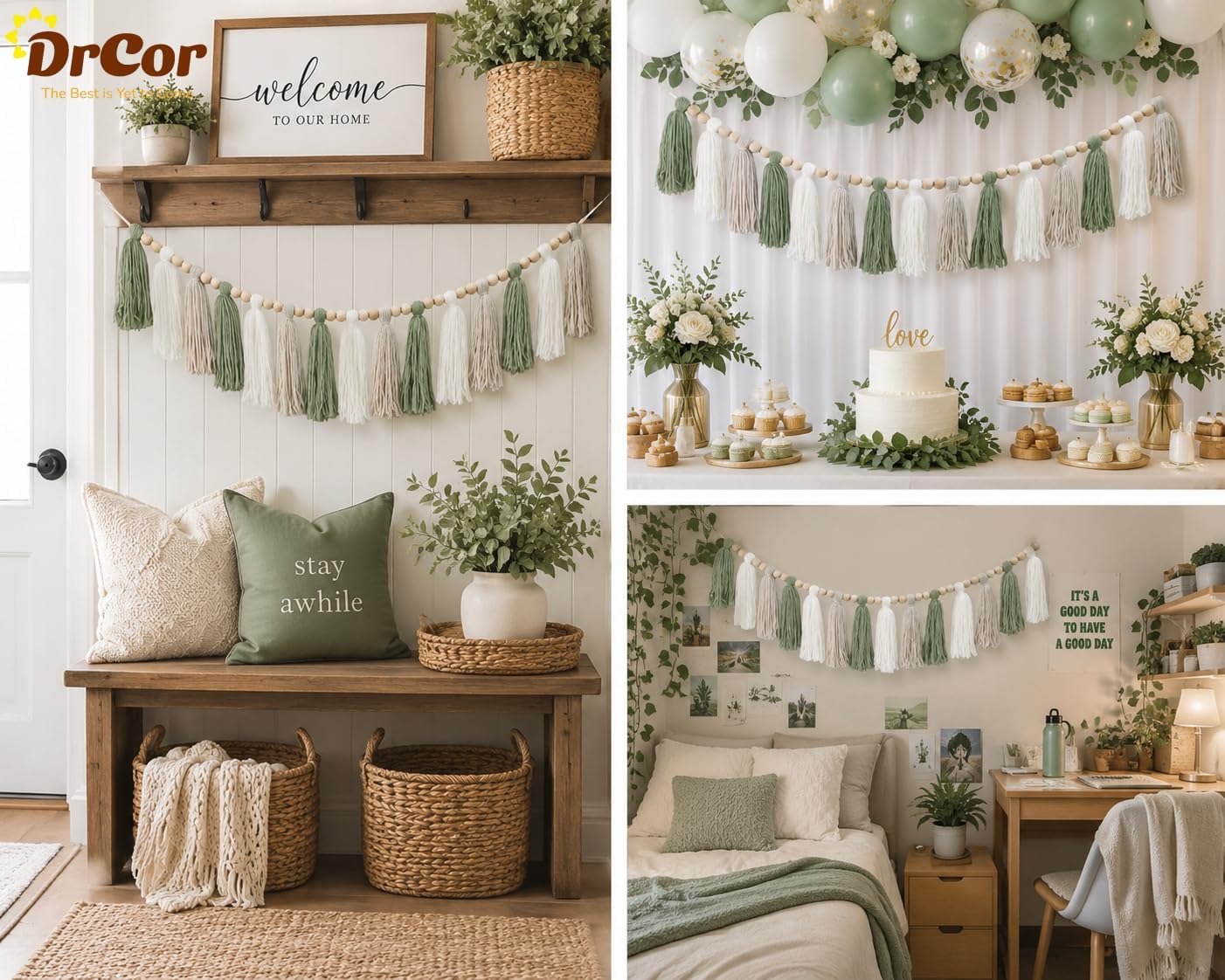 DrCor Sage Green Tassel Garland / Green White