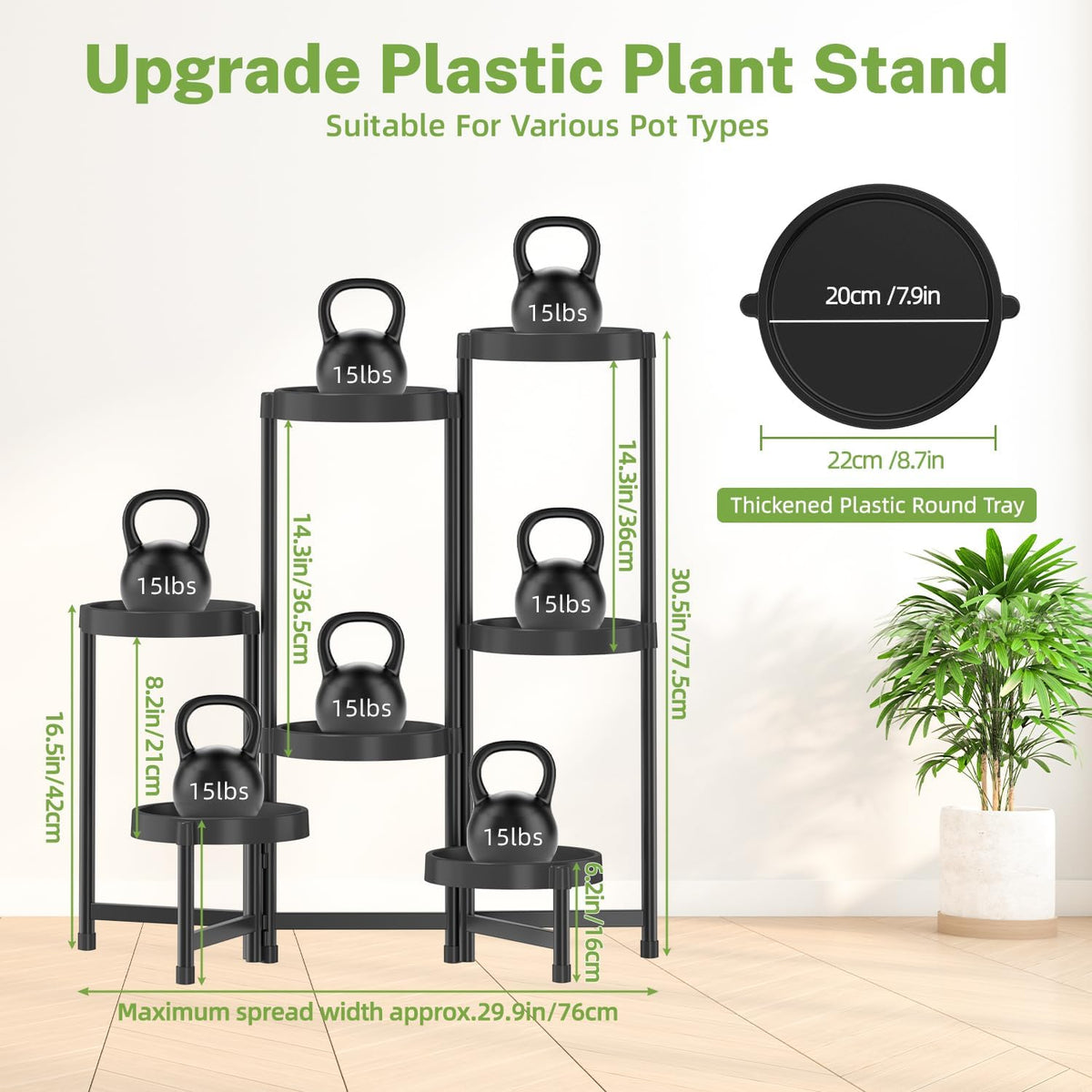 iDavosic.ly 7 Tier Folding Plant Stand Indoor Outdoor, Plastic Tray, Black | Space Saving Tiered Corner Storage Display