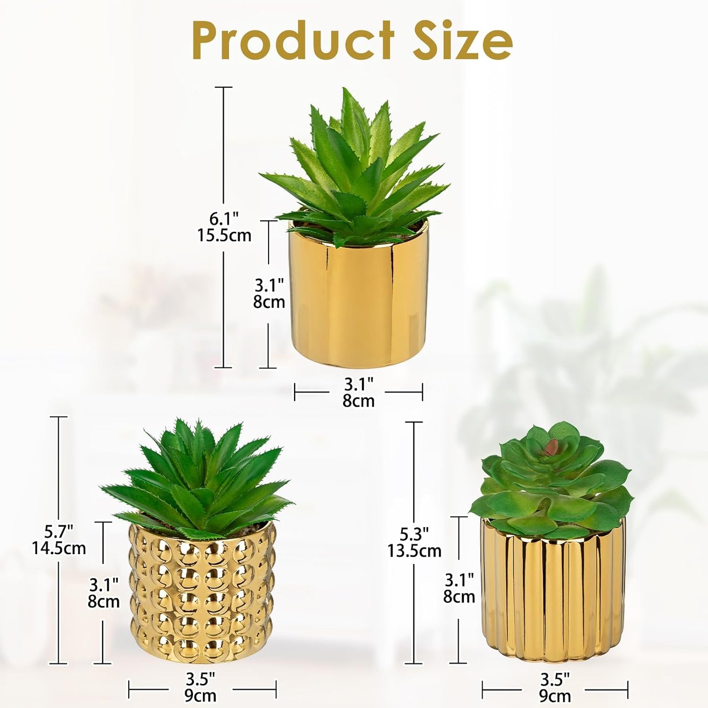 Succulents Plants Artificial in Ceramic Pots / Gold / Set of 3