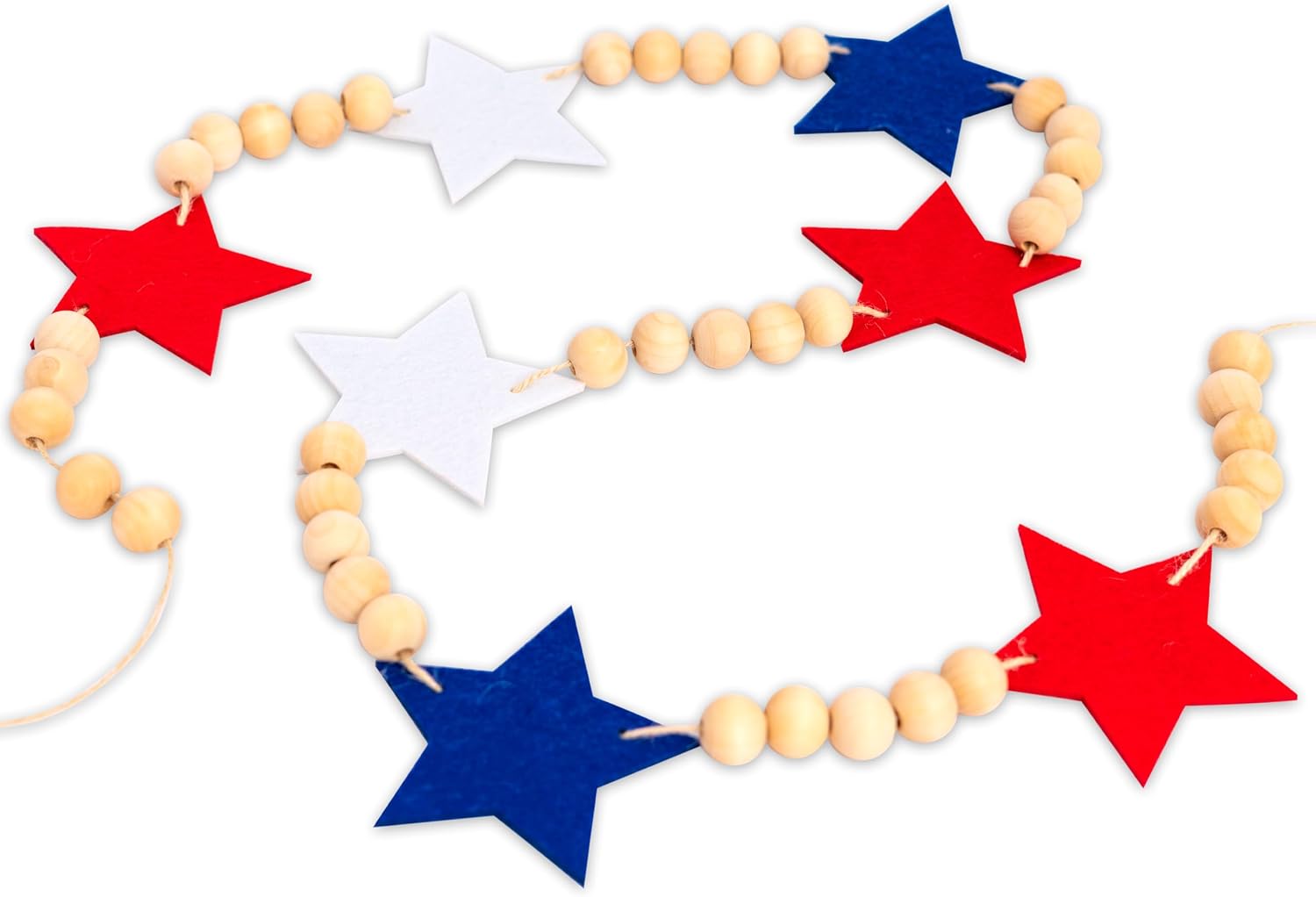 Wood Bead Garland for Mantel Red White Blue Felt Stars / 4th July Banner Red