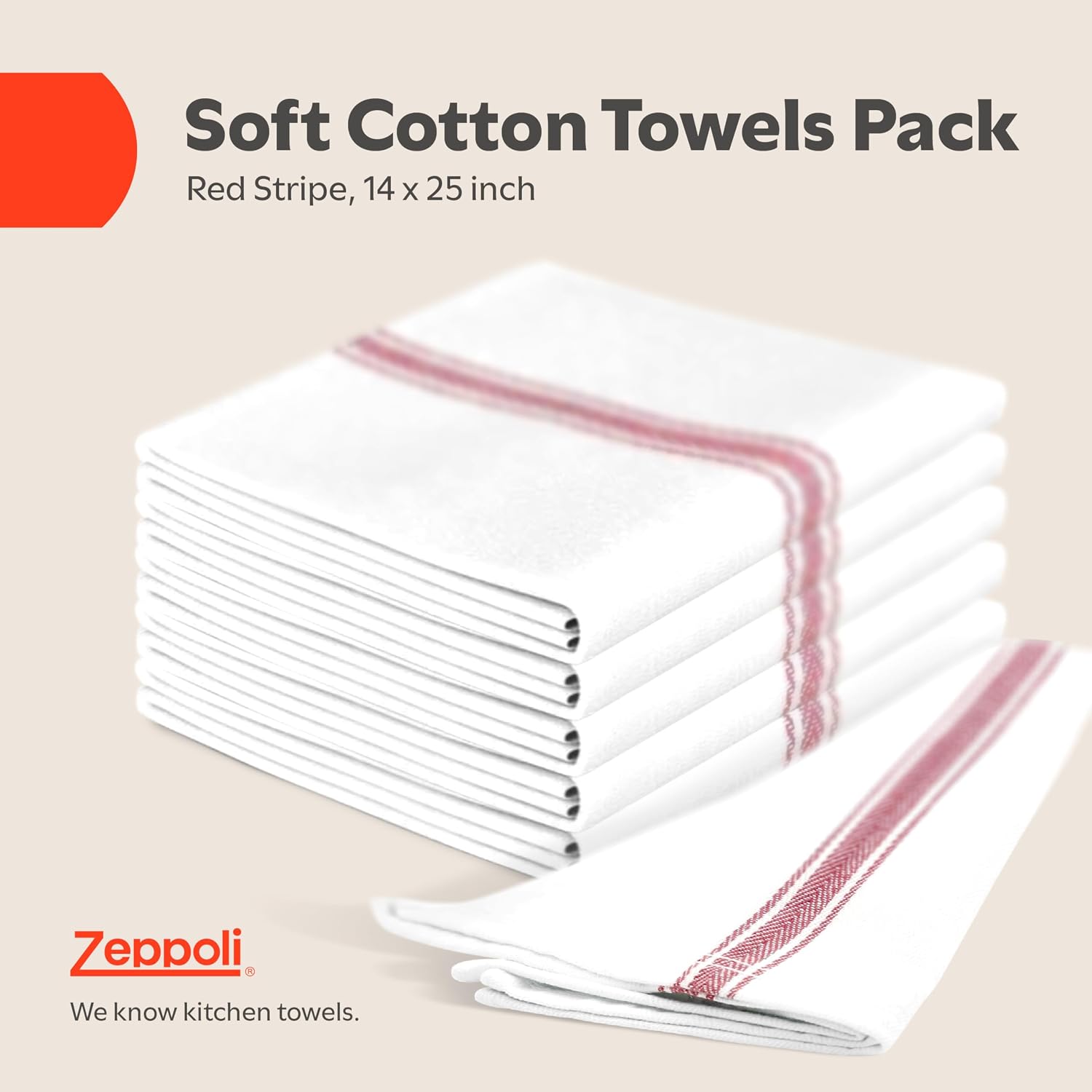 Zeppoli Classic Kitchen Towels -15 Pack 100% Natural Cotton Towel Set, Reusable Wash Cloths, Absorbent Dish Towels