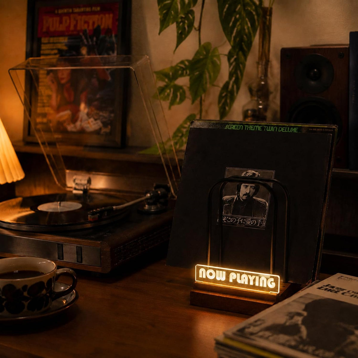 ZEDKEHO Vinyl Record Storage Holder for 50-75 LPs, Wood | Now Playing Vinyl Record Stand with LED Light,Wood Album