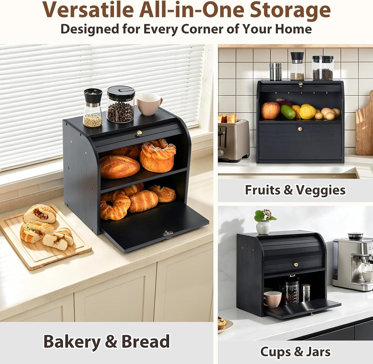 Sunhoo Wooden Bread Box for Kitchen Countertop, Roll Top Breadbox, Black | Large Double Layer Pantry Container, Solid
