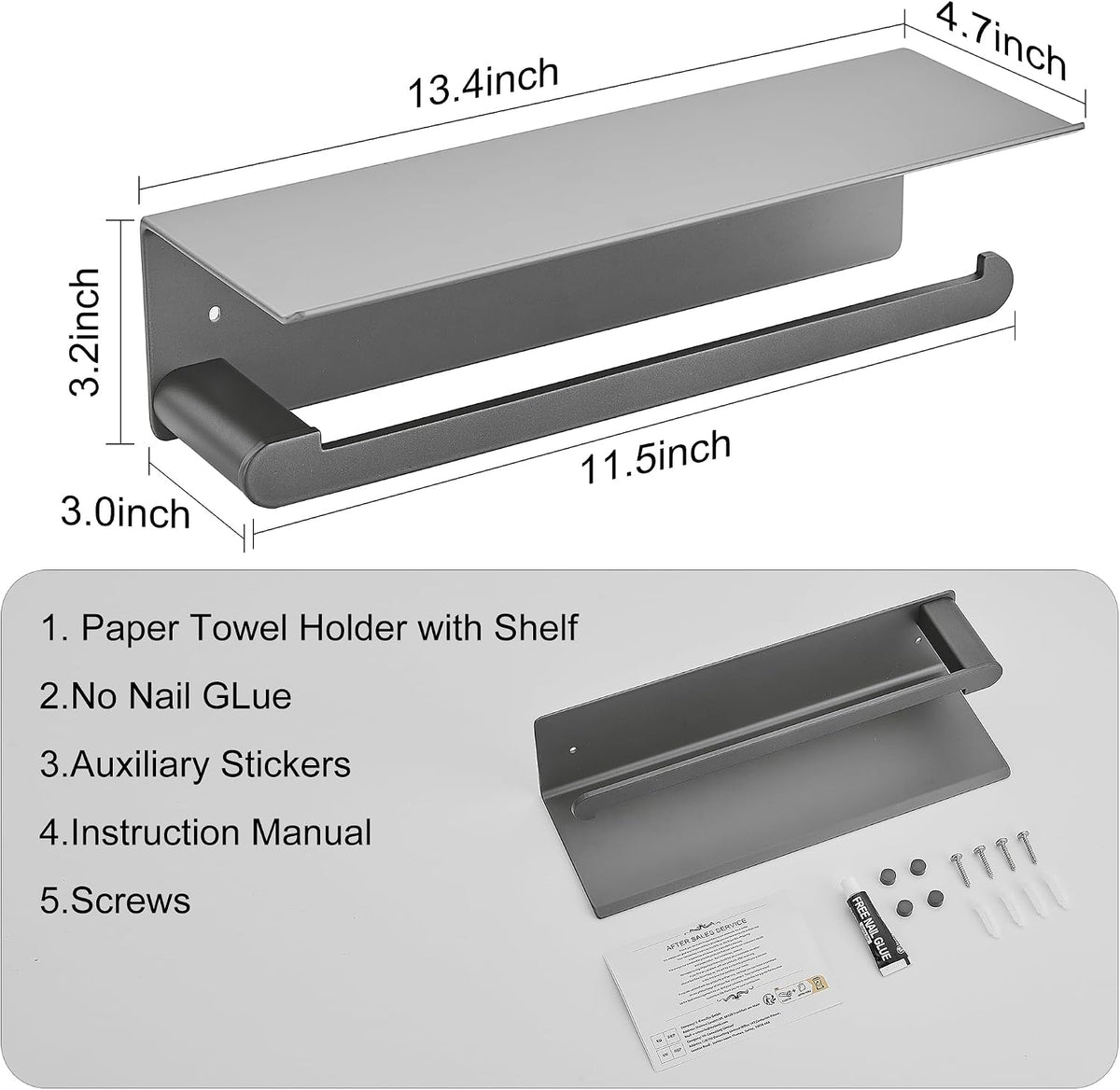 Wall Mount Paper Towel Holder with Shelf, Adhesive Towel Rack Matte Grey | Paper Towel Holder Wall Mount for Bathroom