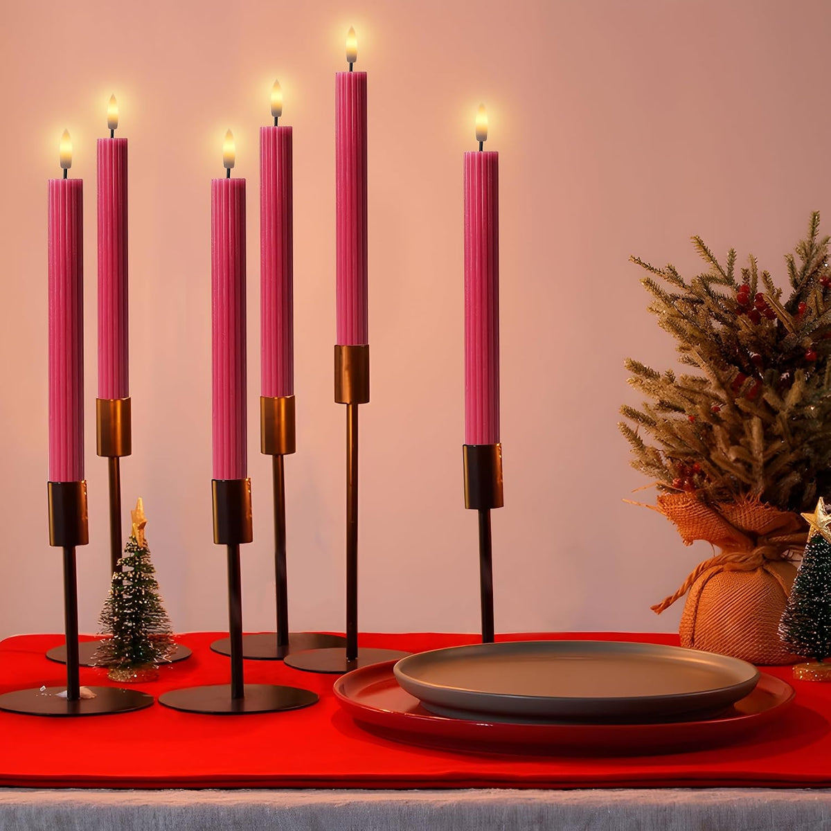 10" Fluted Ribbed LED Pink Grooved Real Wax Taper Candles, Remote & 24h Timer Memory, On/Off Switch - Flameless