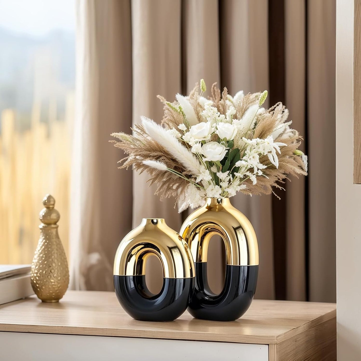 Black and Gold Ceramic Vase Set Home Decor / Black Gold