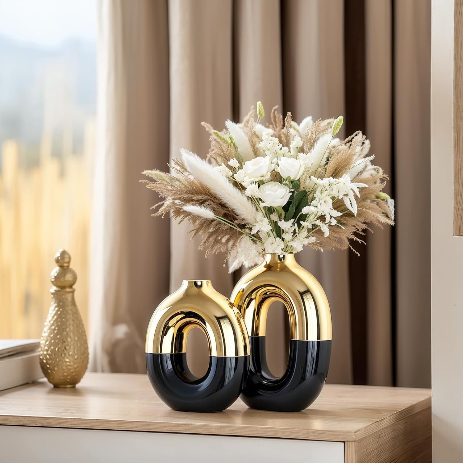Black and Gold Ceramic Vase Set Home Decor / Black Gold