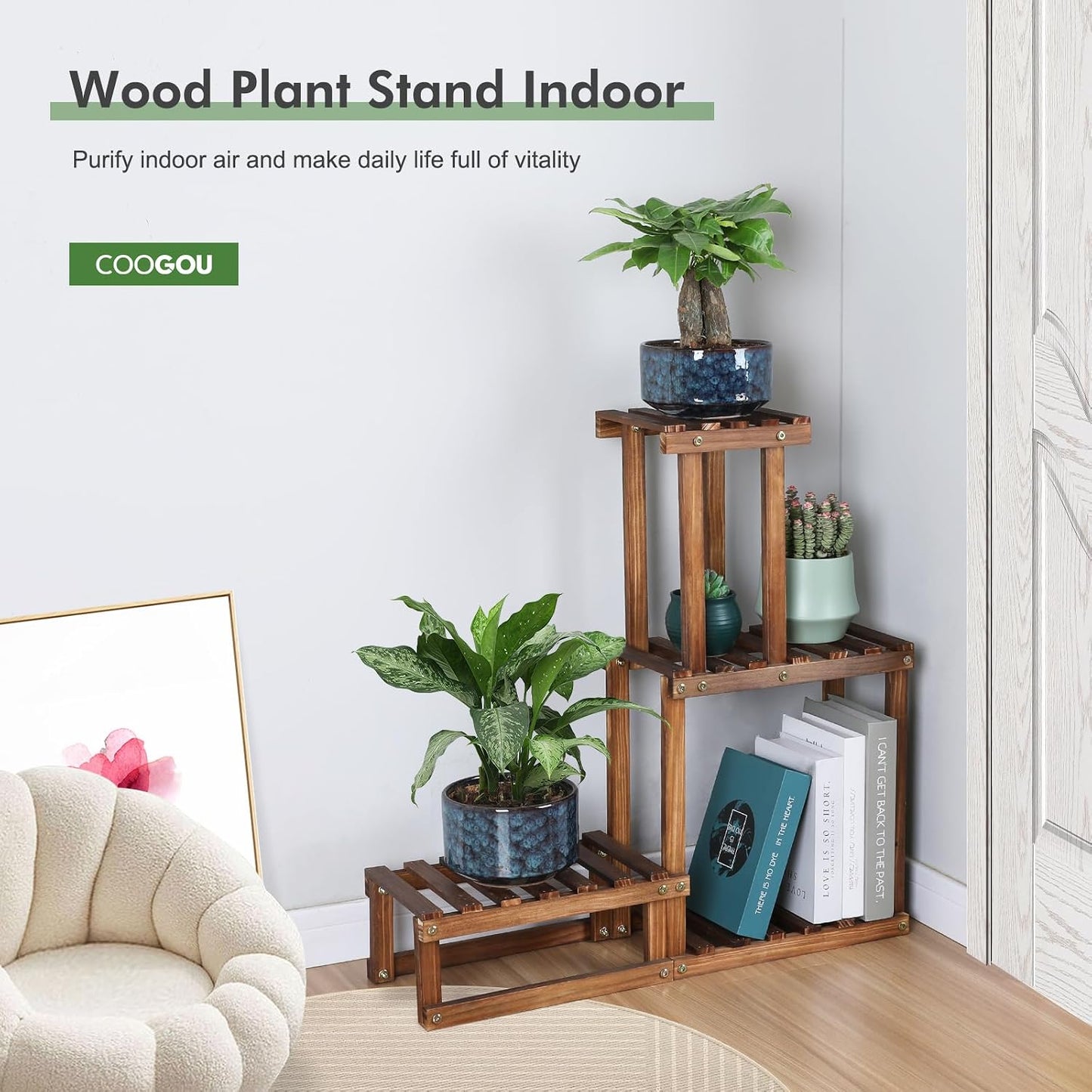 Wood Plant Stand Indoor Outdoor 4 Tier Plant Rack Corner Plant Shelf | Flower Pot Holder for Living Room Garden Patio