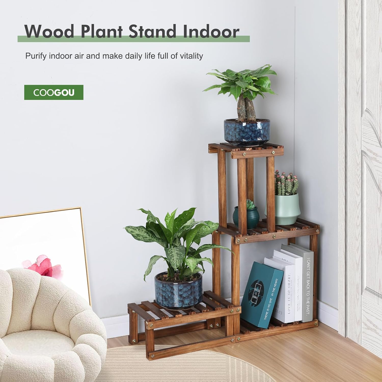 Wood Plant Stand Indoor Outdoor 4 Tier Plant Rack Corner Plant Shelf | Flower Pot Holder for Living Room Garden Patio