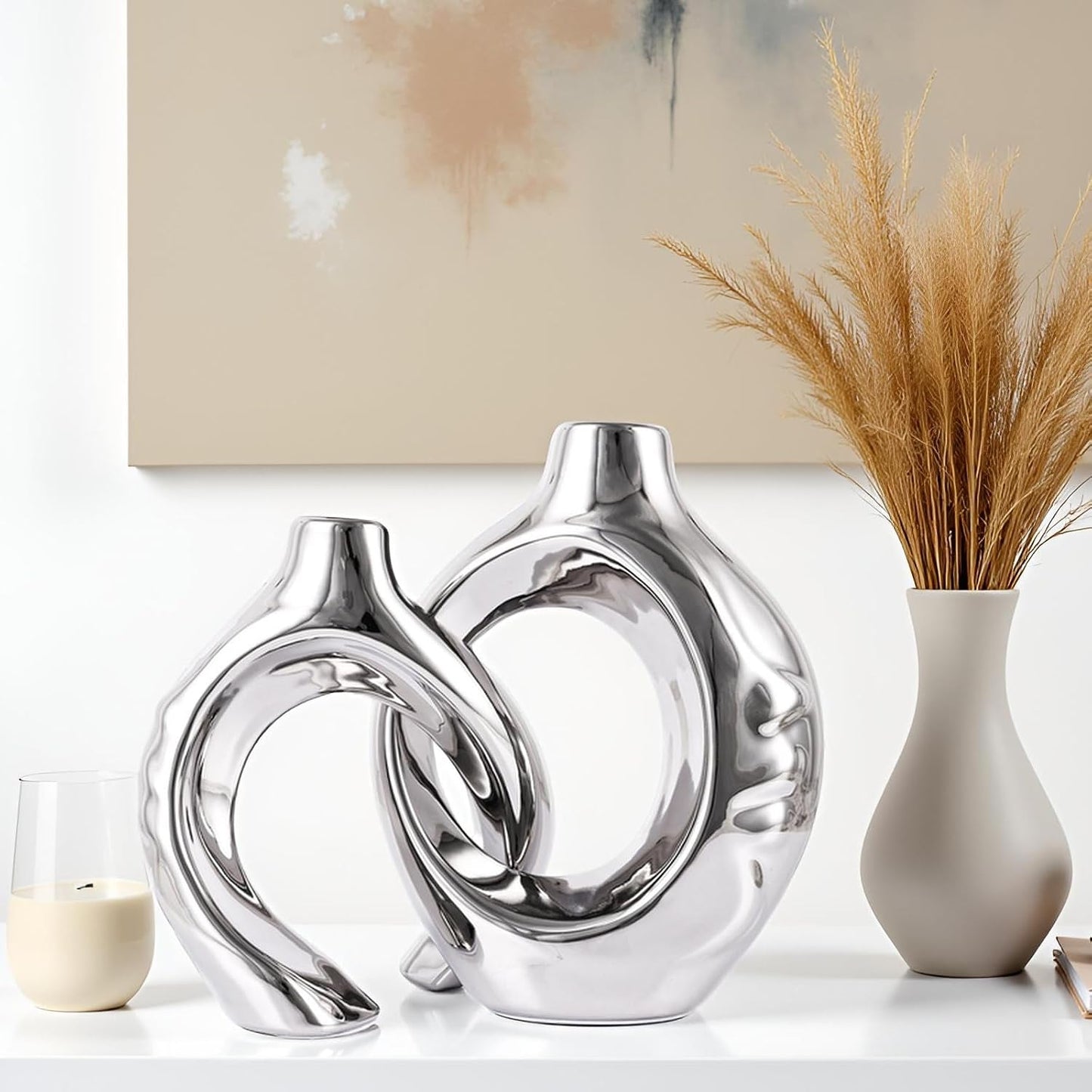 Round Boho Vase for Pampas Grass / Silver1 / Set of 2
