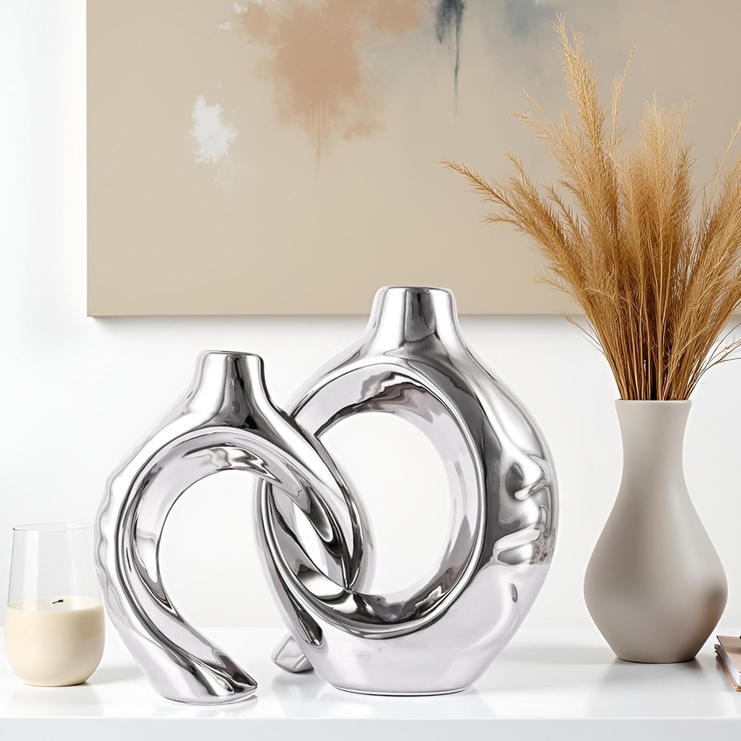 Round Boho Vase for Pampas Grass / Silver1 / Set of 2