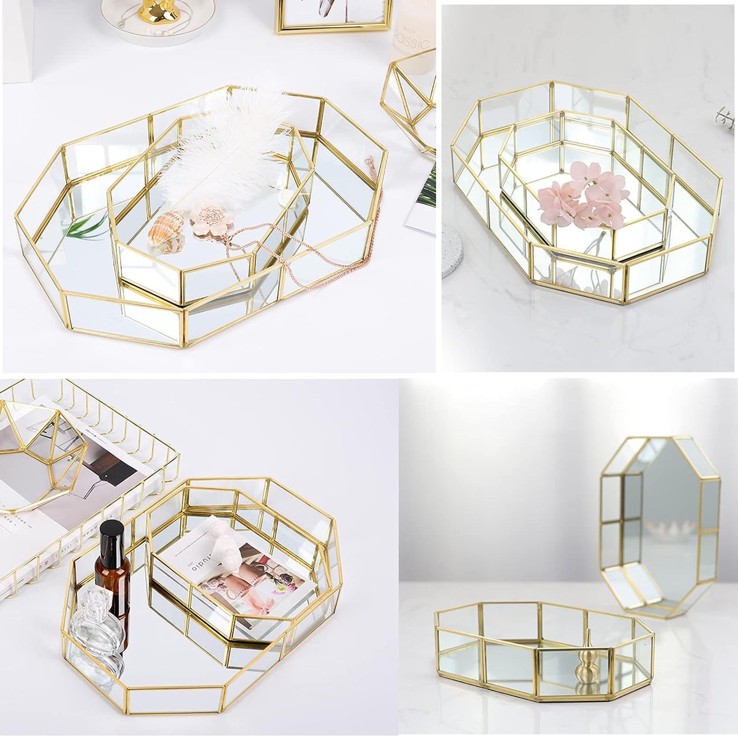 Mirror Glass Vanity Tray / 8 x 5.7 x 1.8 / Gold