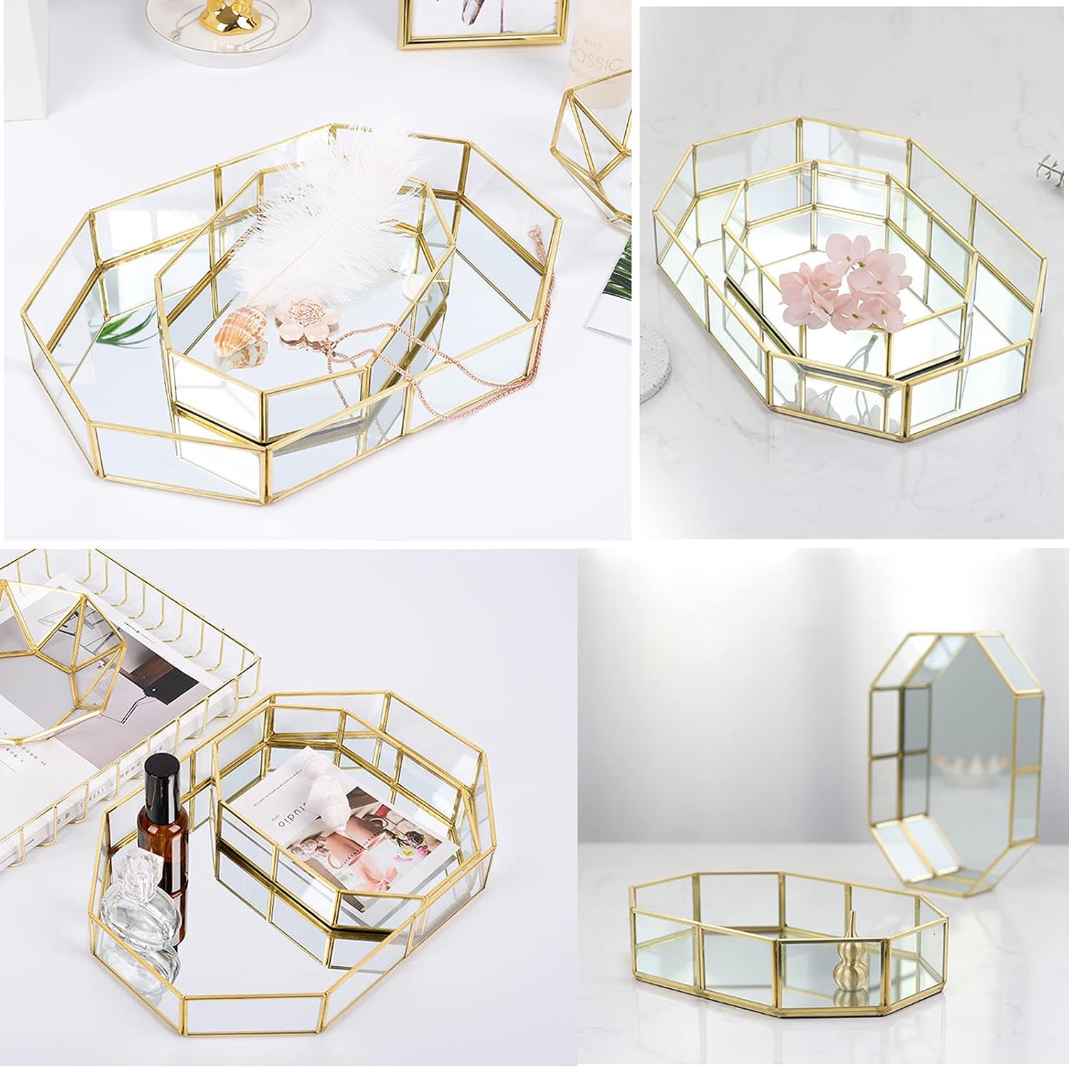 Mirror Glass Vanity Tray / 8 x 5.7 x 1.8 / Gold
