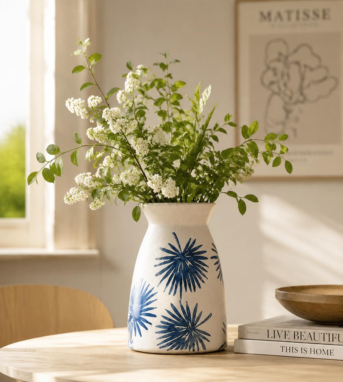 Modern Vases / White Flower Vase- Ceramic Vase for Decor / Teal White-7inch
