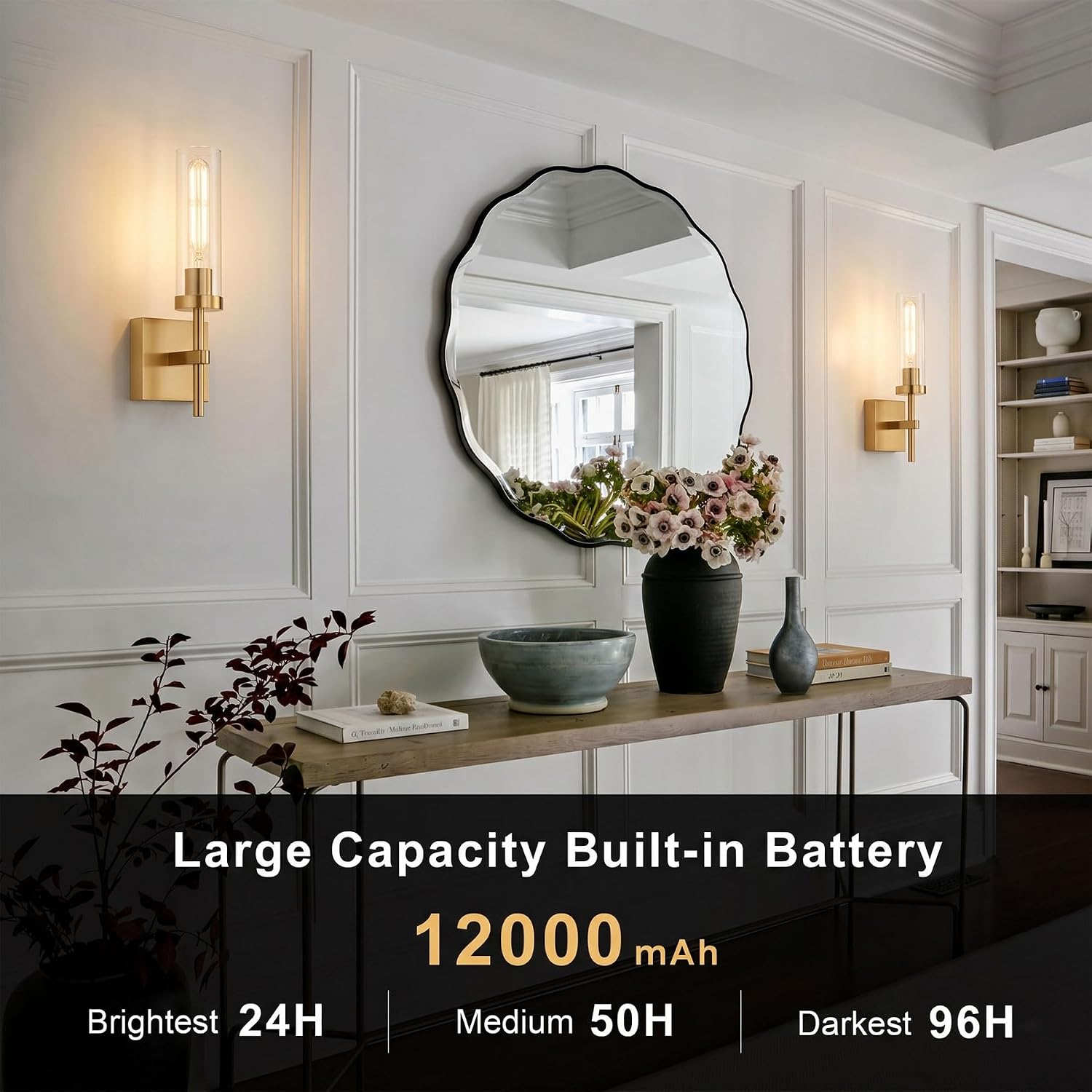 Gold Battery Operated Wall Sconce Set of 2, Wireless Wall Sconces with Remote Control, Rechargeable LED Dimmable Wall