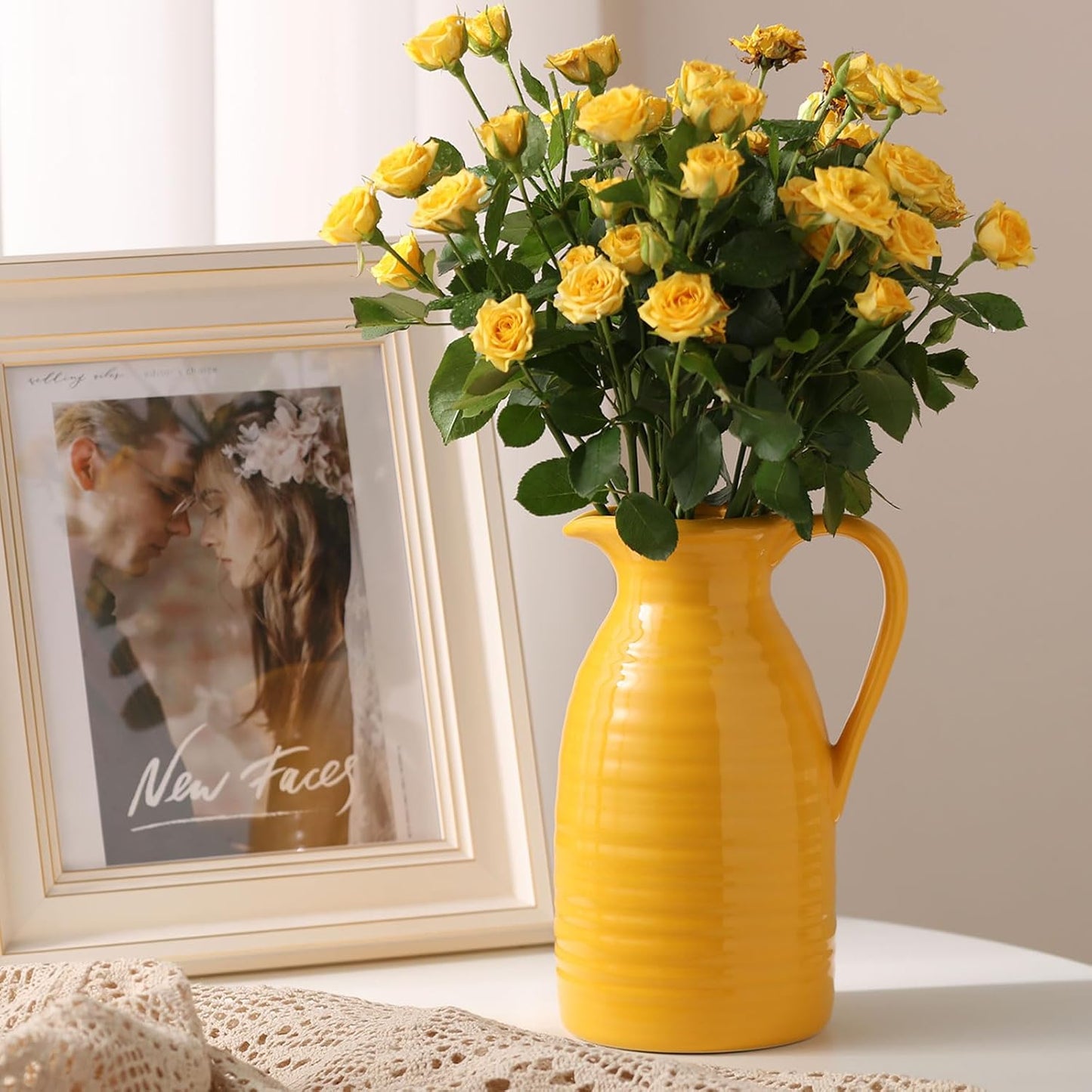 Farmhouse Pitcher Vase for Flowers- Decrative Pitchers White Ceramic Pitcher / Yellow - Pitcher Vase