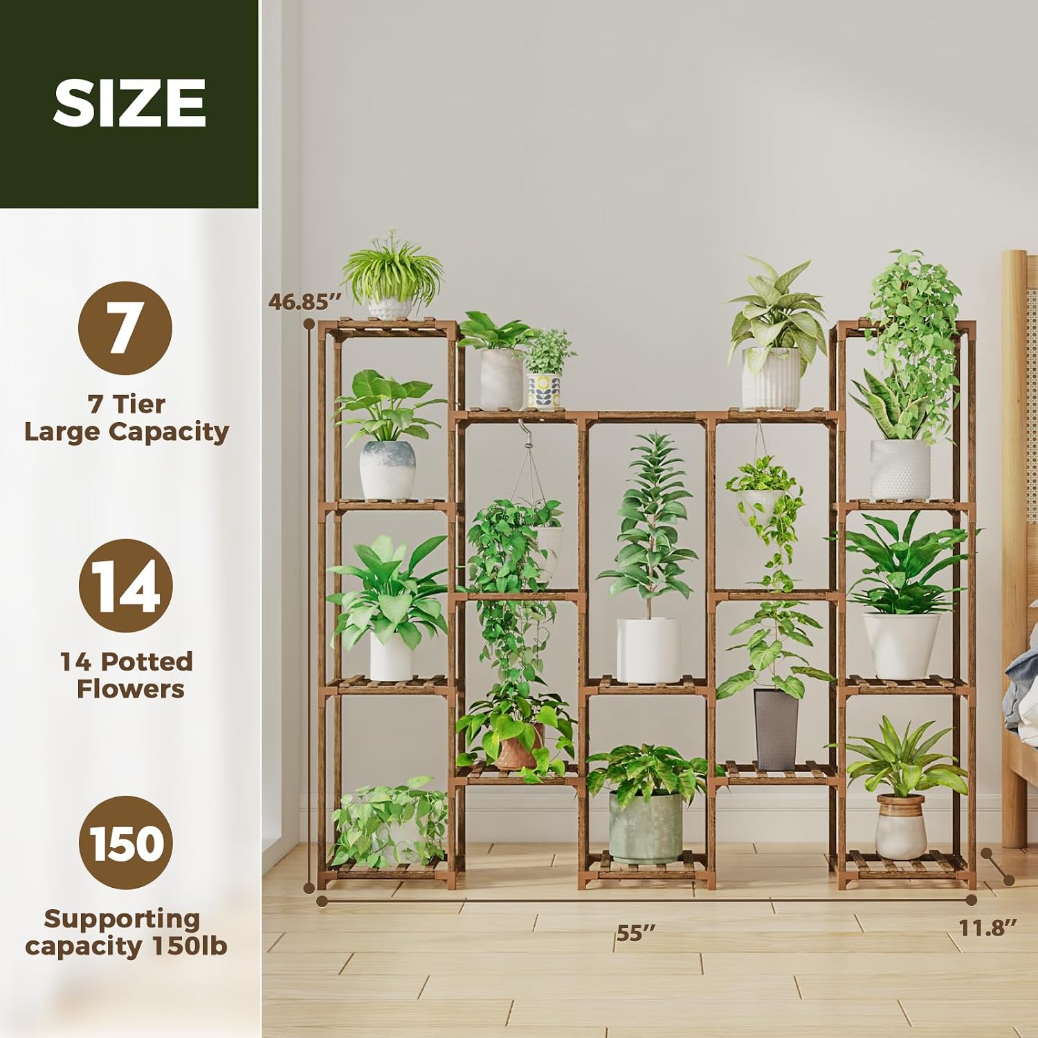 Bamworld Large Hanging Plant Stand Indoor Tall Plant Shelf Outdoor 14 Pots | Large Plant Rack for Living Room Patio