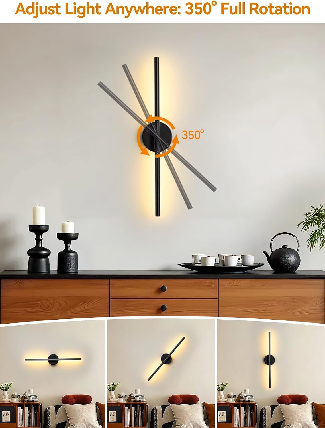Battery Operated Wall Sconces Set of 2, Remote & Touch Control | 30 Inch Black Rechargeable Wall Light, Wireless