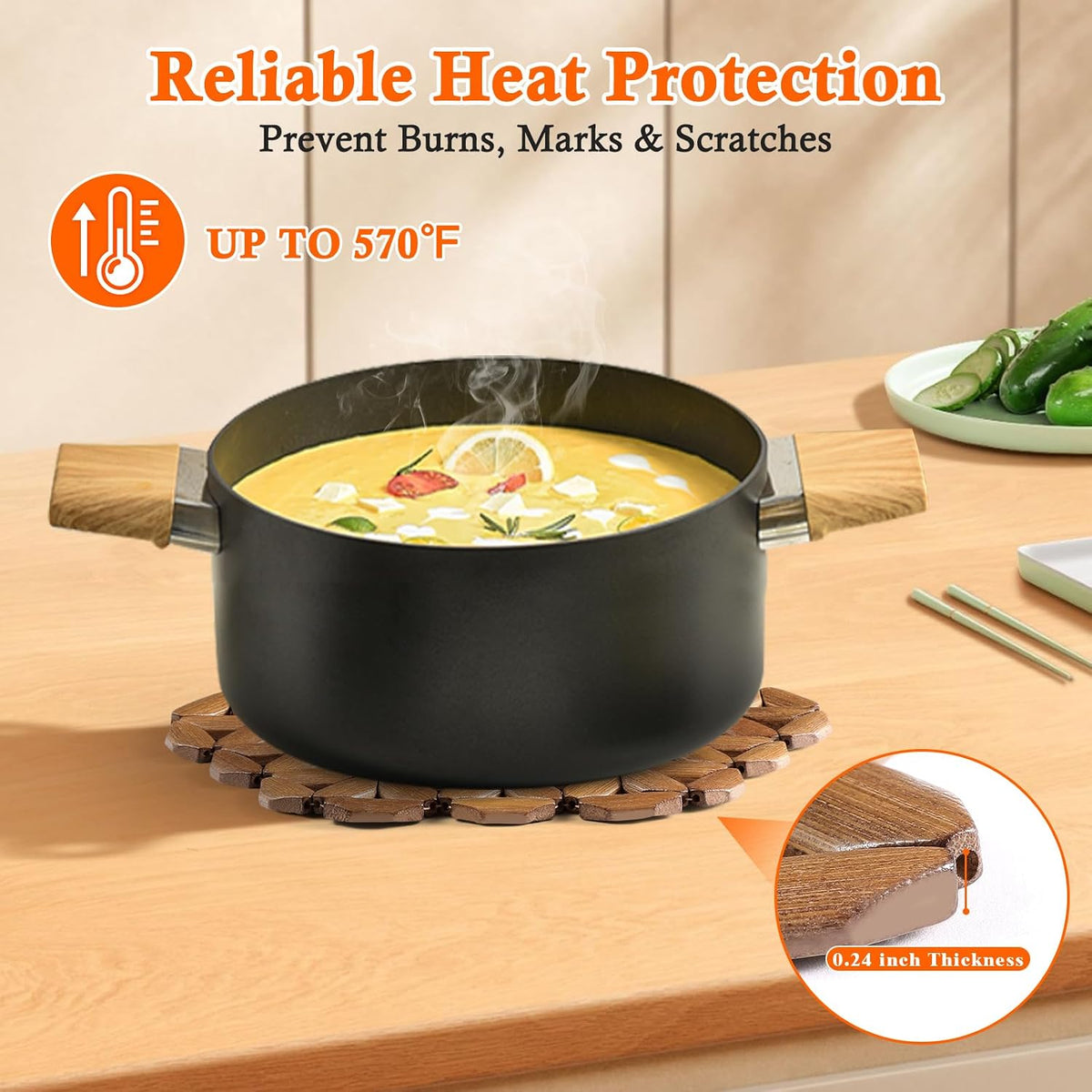 9 Pack Bamboo Trivet Mat for Hot Dishes, 6.5/8.3/10 Inch Heat Resistant Hot Pads Trivets, Hot Pad to Protect Your Table