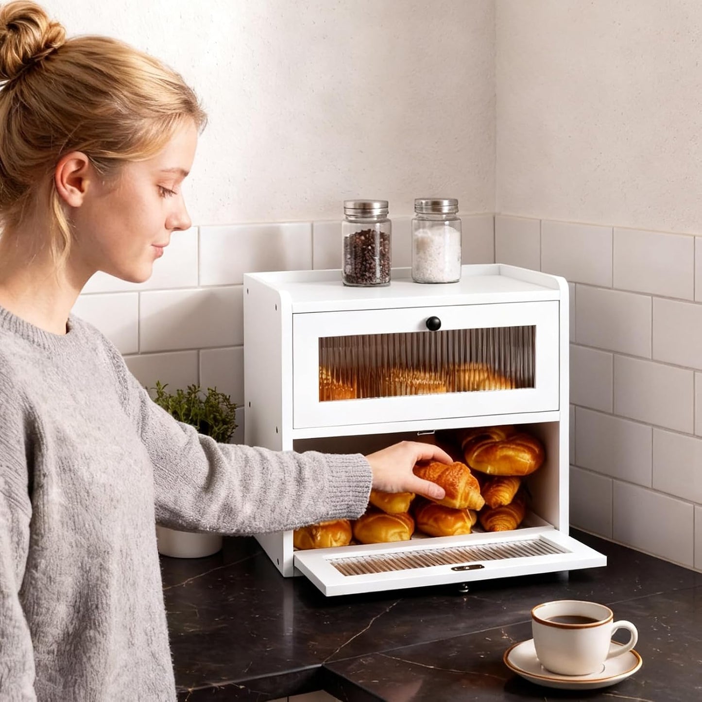 Alpeir Wooden Bread Box for Kitchen Countertop, Large Double Layer, White | Food-Safe Pine Wood, Double-Row