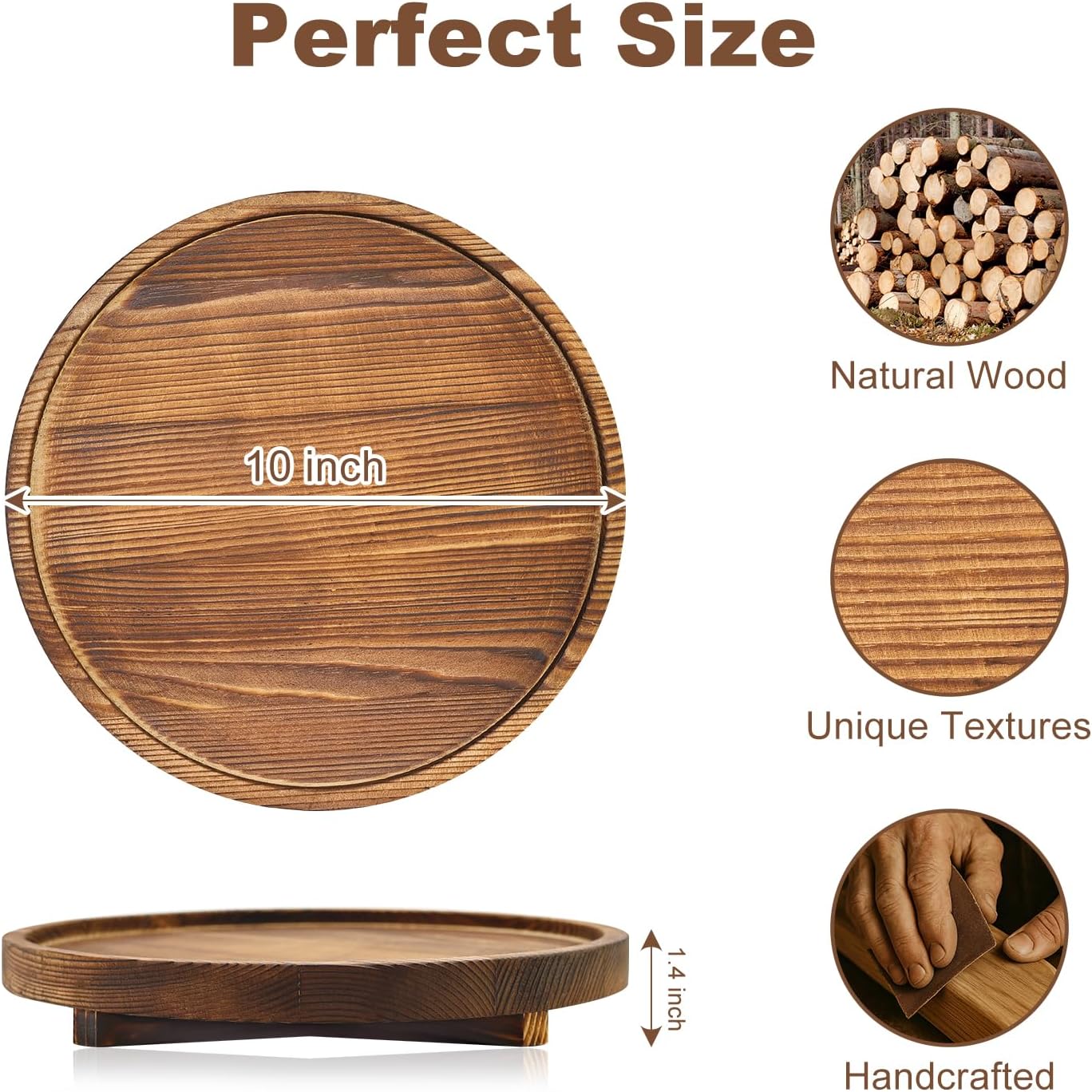 Round Decorative Wooden Tray / Dark Brown / Set of 10