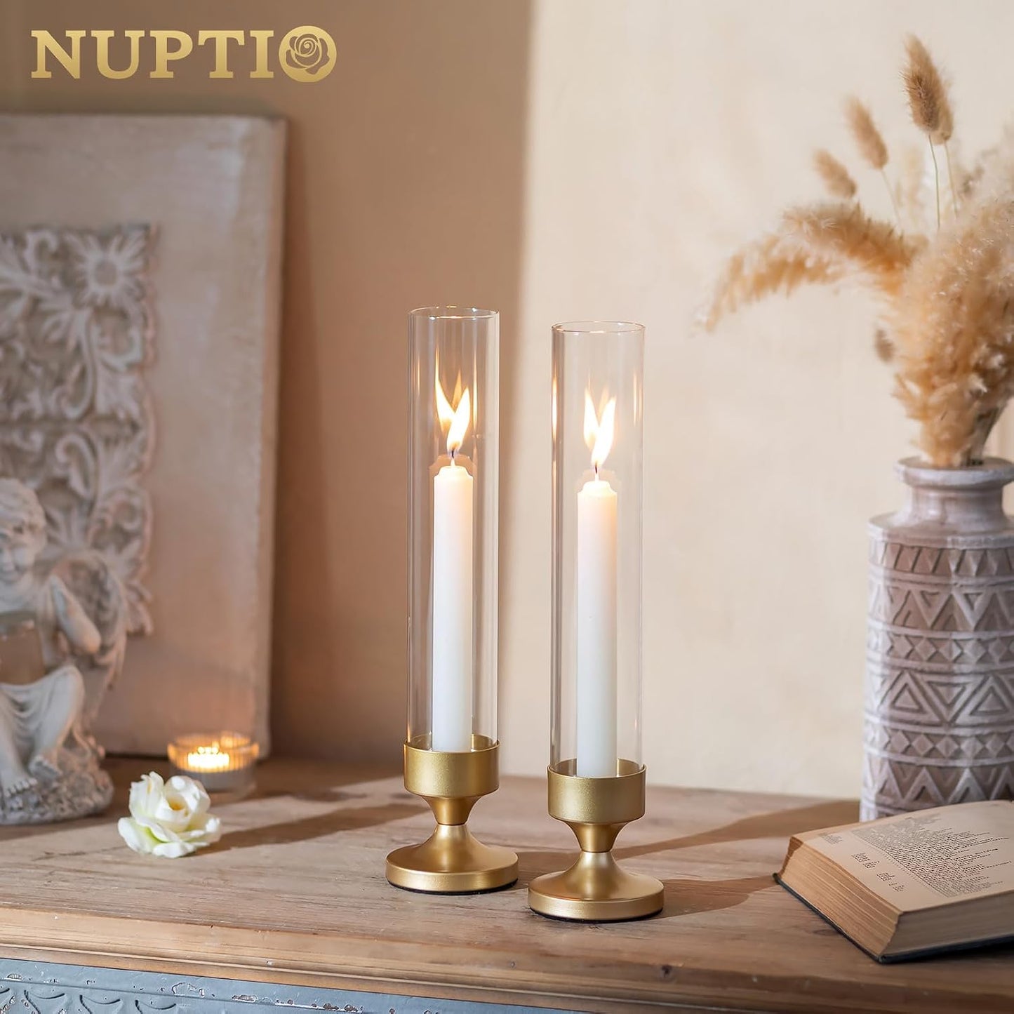 NUPTIO Hurricane Glass Candle Holder: Set of 10 Metal Taper Candle Holders | Gold Candlestick Holders Bulk with Sleeves