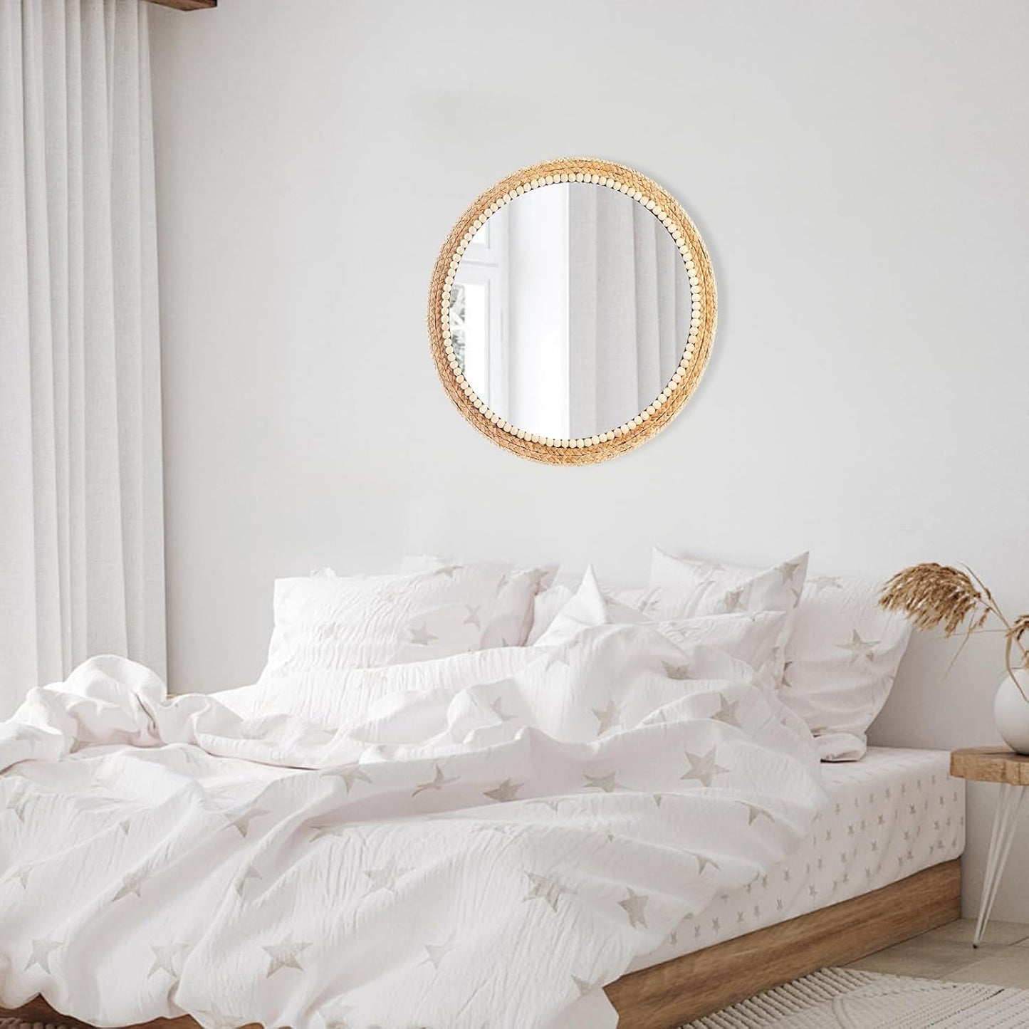 Boho Round Hanging Wall Mirror Decorative Rattan Circle Wall Mounted Mirror / 21 Inch Wood / 21 Inch